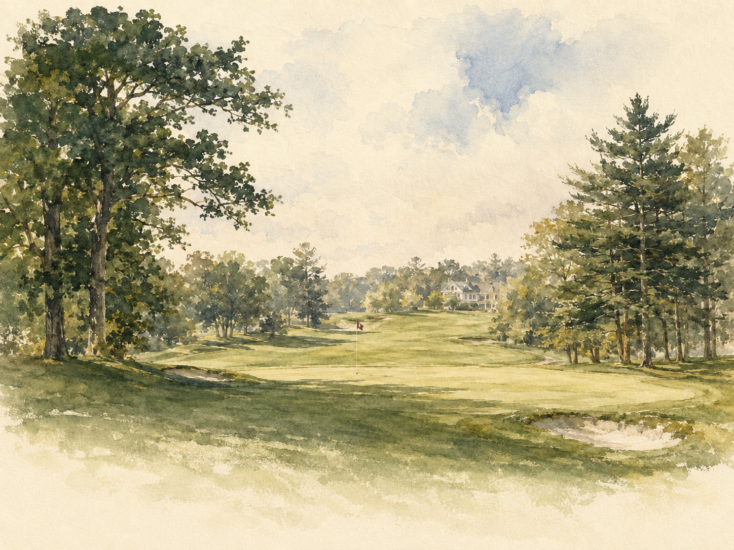Illustrative watercolour of a contoured green with a flag, framed by tall trees, the clubhouse beyond.