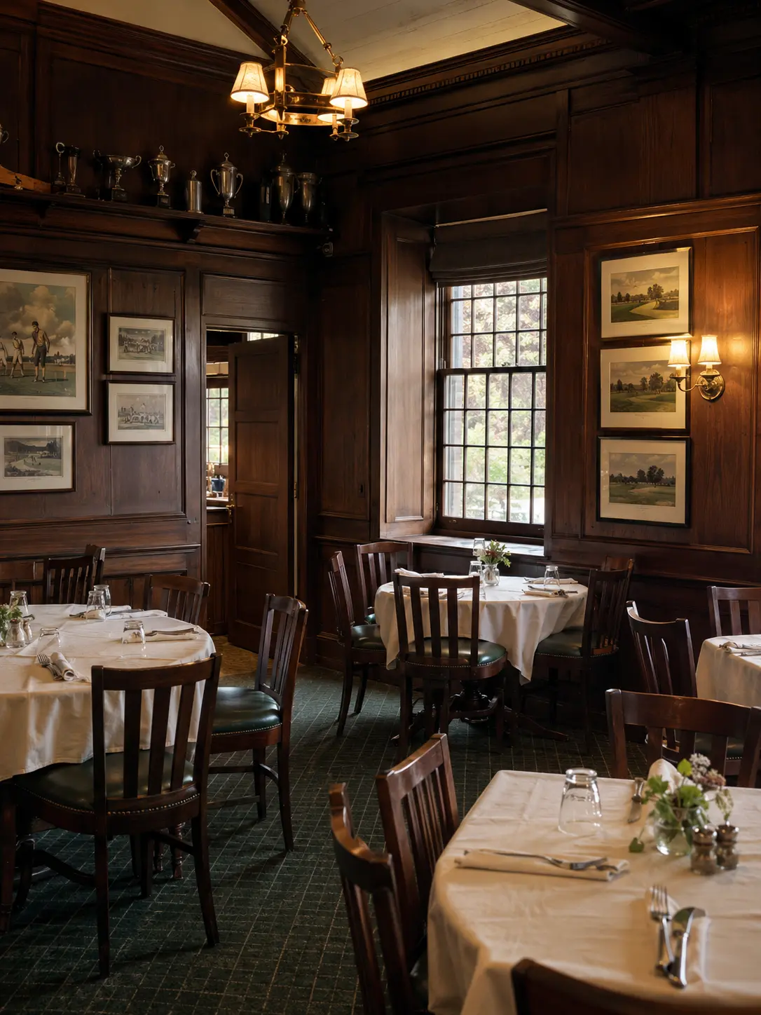 The clubhouse dining room, white-clothed tables beneath dark panelling.