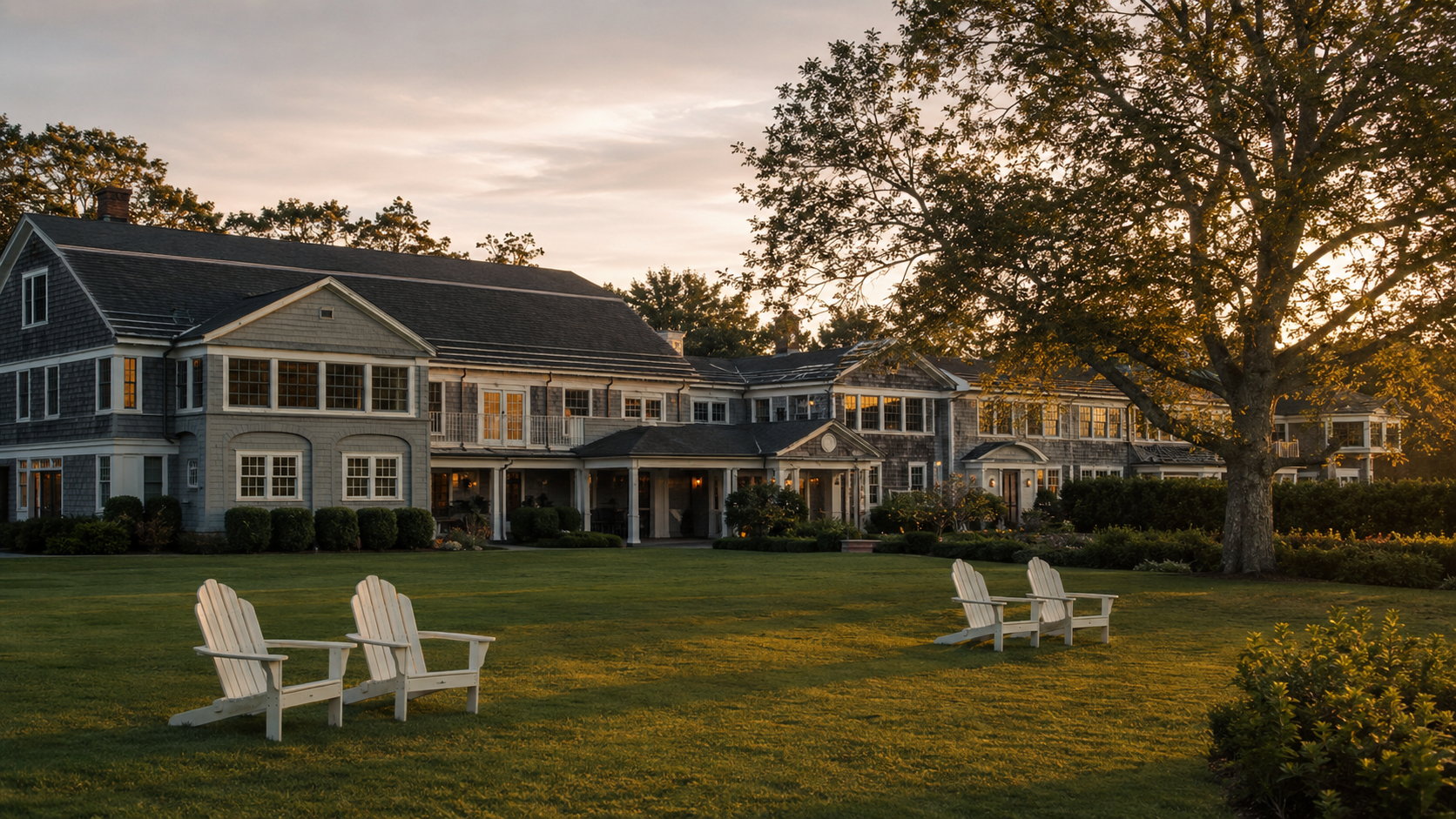 The clubhouse and lawn in late seasonal light, chairs set out on the grass.